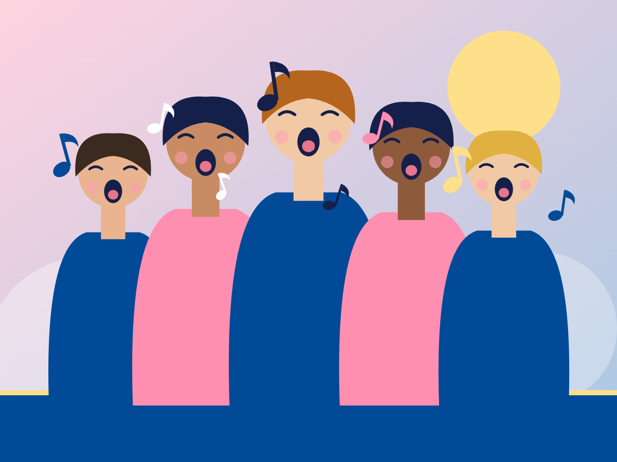 Fünf singende Jugendliche in Chor-Shirts, umgeben von Noten (Illustration)